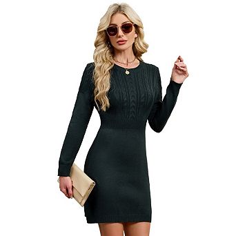 Women's Fashionable Cable Knit Long Sleeve A-Line Wool Dress Sweater