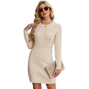 Women's Fashionable Cable Knit Long Sleeve A-Line Wool Dress Sweater