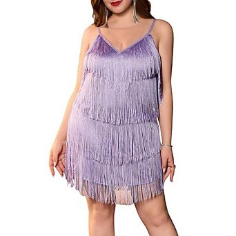 Womens Plus Sequin Fringe Dress Tassel Tiered Halter Dress Gatsby Party Ballroom Dance Costumes