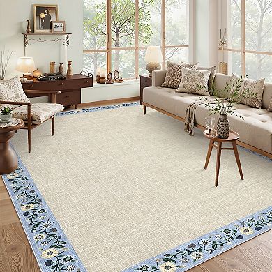 Area Rug, Farmhouse Floral Bordered Carpet, Non-Slip Soft Non Shedding Stain Resistant Carpet