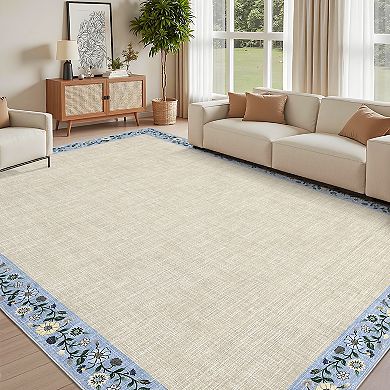 Area Rug, Farmhouse Floral Bordered Carpet, Non-Slip Soft Non Shedding Stain Resistant Carpet