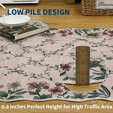 Boho Vintage Floral Entry Rug, Non-Slip, Washable Low Pile Carpet with Irregular Edges for Indoor