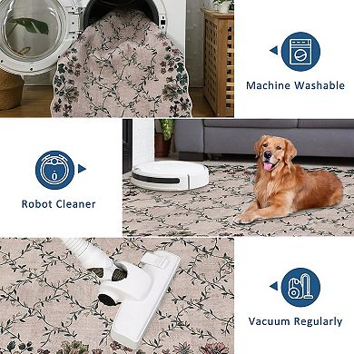 Boho Vintage Floral Entry Rug, Non-Slip, Washable Low Pile Carpet with Irregular Edges for Indoor