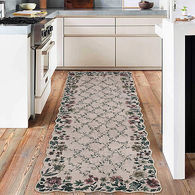 Boho Vintage Floral Entry Rug, Non-Slip, Washable Low Pile Carpet with Irregular Edges for Indoor