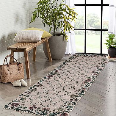 Boho Vintage Floral Entry Rug, Non-Slip, Washable Low Pile Carpet with Irregular Edges for Indoor