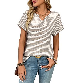 Womens Short Sleeve Sweater Waffle Knit Tops V Neck Striped T Shirts Casual Blouses Outfits