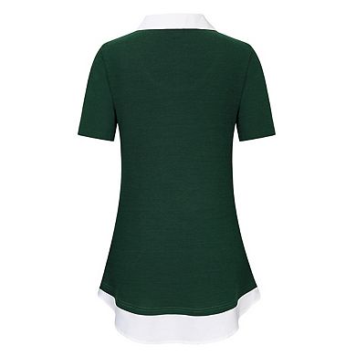 Women's Short Sleeve V-Neck Contrast Collared Shirts Patchwork Work Blouse Tunics Tops