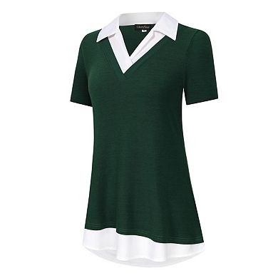 Women's Short Sleeve V-Neck Contrast Collared Shirts Patchwork Work Blouse Tunics Tops