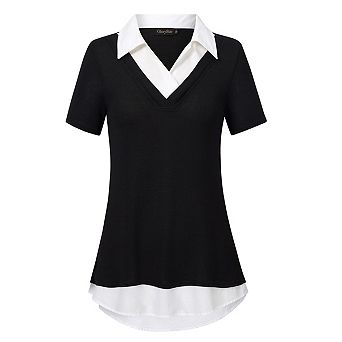Women's Short Sleeve V-Neck Contrast Collared Shirts Patchwork Work Blouse Tunics Tops