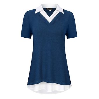 Women's Short Sleeve V-Neck Contrast Collared Shirts Patchwork Work Blouse Tunics Tops