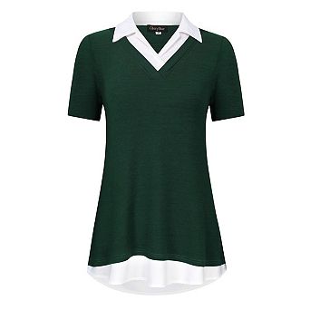 Women's Short Sleeve V-Neck Contrast Collared Shirts Patchwork Work Blouse Tunics Tops