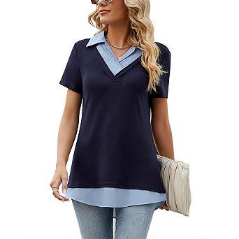 Women's Short Sleeve V-Neck Contrast Collared Shirts Patchwork Work Blouse Tunics Tops