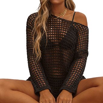 Women's Long Sleeve Off Shoulder Swimsuits Cover Up Open Knit Beach Top for Swimwear