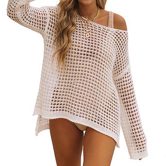 Women's Long Sleeve Off Shoulder Swimsuits Cover Up Open Knit Beach Top for Swimwear