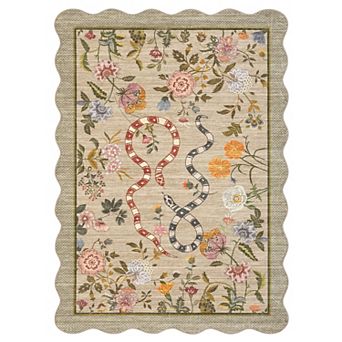 Scalloped Rug for Home, Flower Snake Carpet, Machine Washable Flower Rugs, Non-Slip Low Pile