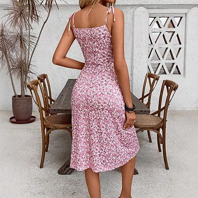 Women's Sleeveless Cami Midi Dress Floral Drawstring Bust Side Slit Casual Summer Sundress