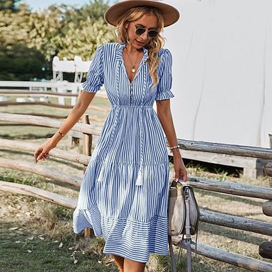 Womens Boho Long Sleeve Dress Casual V Neck Stripe Flutter Tie Flowy Summer Midi Dresses