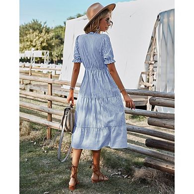Womens Boho Long Sleeve Dress Casual V Neck Stripe Flutter Tie Flowy Summer Midi Dresses
