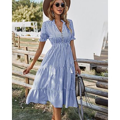 Womens Boho Long Sleeve Dress Casual V Neck Stripe Flutter Tie Flowy Summer Midi Dresses