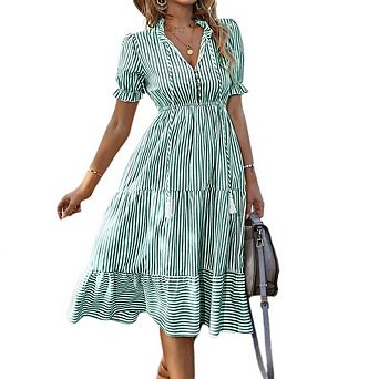 Womens Boho Long Sleeve Dress Casual V Neck Stripe Flutter Tie Flowy Summer Midi Dresses