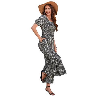 Women's Smocked Jumpsuits Summer Casual Square Neck Puff Sleeve Wide Leg Rompers with Pockets