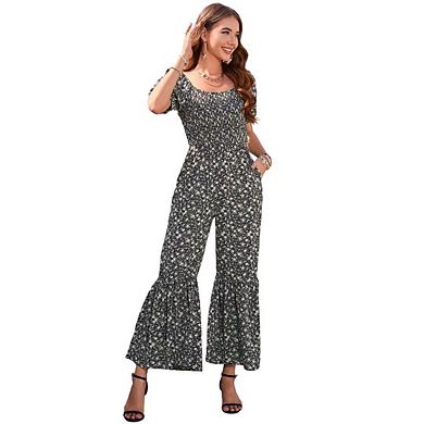 Women's Smocked Jumpsuits Summer Casual Square Neck Puff Sleeve Wide Leg Rompers with Pockets
