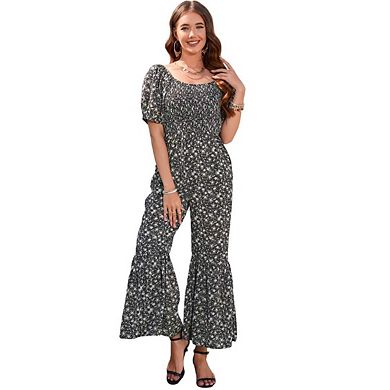 Women's Smocked Jumpsuits Summer Casual Square Neck Puff Sleeve Wide Leg Rompers with Pockets