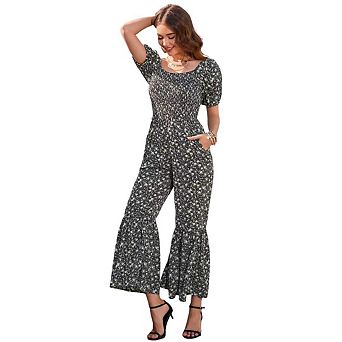 Women's Smocked Jumpsuits Summer Casual Square Neck Puff Sleeve Wide Leg Rompers with Pockets