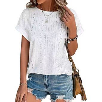 Women's Eyelet Detail Short Sleeve Top - Crew Neck Relaxed-Fit Blouse for Casual Daily Wear