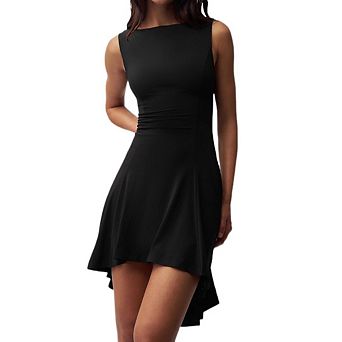 Women's Boat Neck Sleeveless Mini Dress Casual Asymmetric Hem A-Line Summer Dresses
