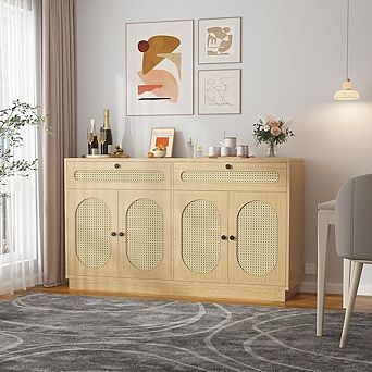 Rattan Farmhouse Storage Cabinet: 4-Door, 2-Drawer Buffet Sideboard with Adjustable Shelf