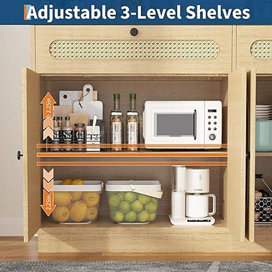 Rattan Farmhouse Storage Cabinet: 4-Door, 2-Drawer Buffet Sideboard with Adjustable Shelf