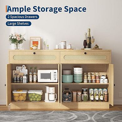 Rattan Farmhouse Storage Cabinet: 4-Door, 2-Drawer Buffet Sideboard with Adjustable Shelf