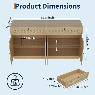 Rattan Farmhouse Storage Cabinet: 4-Door, 2-Drawer Buffet Sideboard with Adjustable Shelf