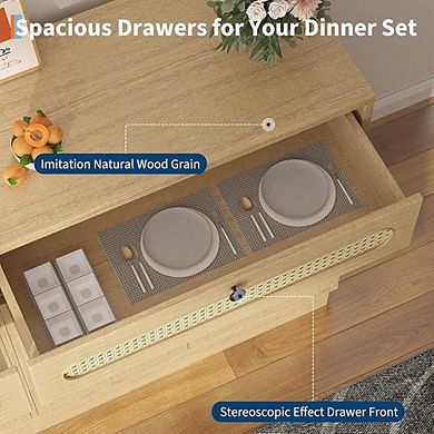 Rattan Farmhouse Storage Cabinet: 4-Door, 2-Drawer Buffet Sideboard with Adjustable Shelf