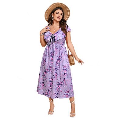 Women's Plus Size Midi Dress Flutter V Neck Sleeveless Summer Casual Wedding Party Formal Dresses