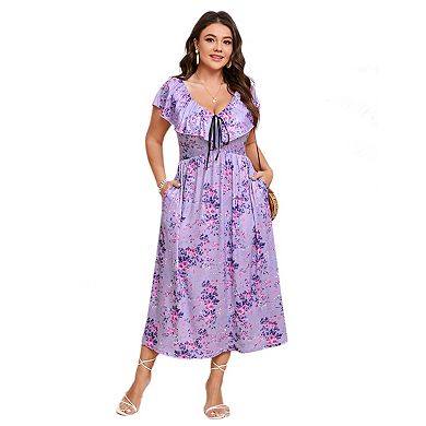 Women's Plus Size Midi Dress Flutter V Neck Sleeveless Summer Casual Wedding Party Formal Dresses