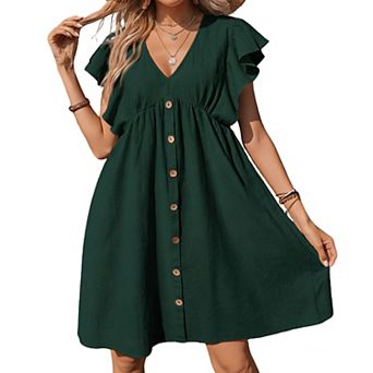 Women's V Neck Babydoll Short Sleeve Dress Ruffled Swing Casual Summer Mini Dress