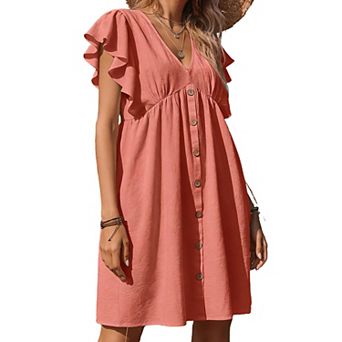 Women's V Neck Babydoll Short Sleeve Dress Ruffled Swing Casual Summer Mini Dress