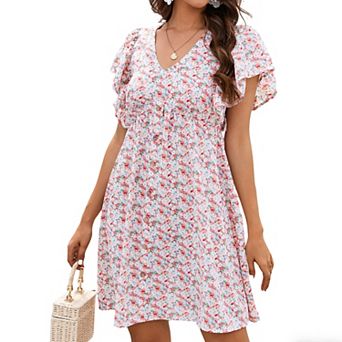 Women's V Neck Babydoll Short Sleeve Dress Ruffled Swing Casual Summer Mini Dress