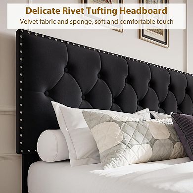 Velvet Headboard Platform Bed with 2 Storage Drawers & Wooden Slat Support