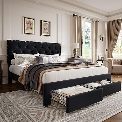 Velvet Headboard Platform Bed with 2 Storage Drawers & Wooden Slat Support