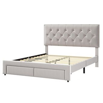 Velvet Headboard Platform Bed with 2 Storage Drawers & Wooden Slat Support