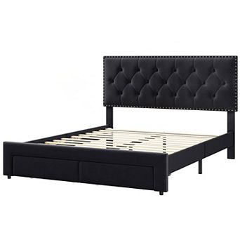 Velvet Headboard Platform Bed with 2 Storage Drawers & Wooden Slat Support