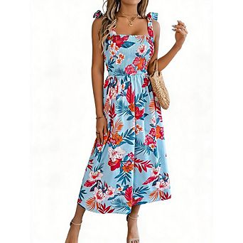 Women Casual Floral Wide Strap Dress Smocked A-Line Boho Maxi Beach Summer Sundress