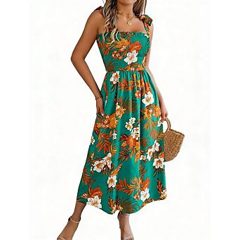 Women Casual Floral Wide Strap Dress Smocked A-Line Boho Maxi Beach Summer Sundress