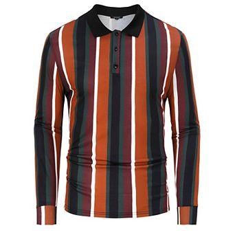 Mens Polo Shirts Vintage Vertical Striped Lapel Collar Button Down Golf Football Sports T Shirt