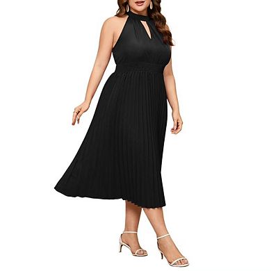 Women's Plus Size Halter Neck Sleeveless Pleated Midi Dress Summer Backless Flowy Beach Sundress