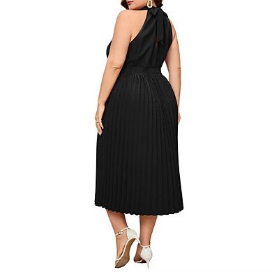 Women's Plus Size Halter Neck Sleeveless Pleated Midi Dress Summer Backless Flowy Beach Sundress