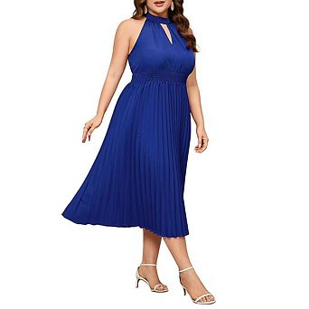 Women's Plus Size Halter Neck Sleeveless Pleated Midi Dress Summer Backless Flowy Beach Sundress